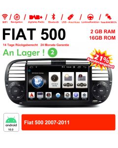 6.2 pouces Android 10.0 Autoradio/multimédia 2Go RAM 16Go ROM pour Fiat 500 2007-2011 avec WiFi NAVI Bluetooth USB Built-in Carplay/Android Auto Noir